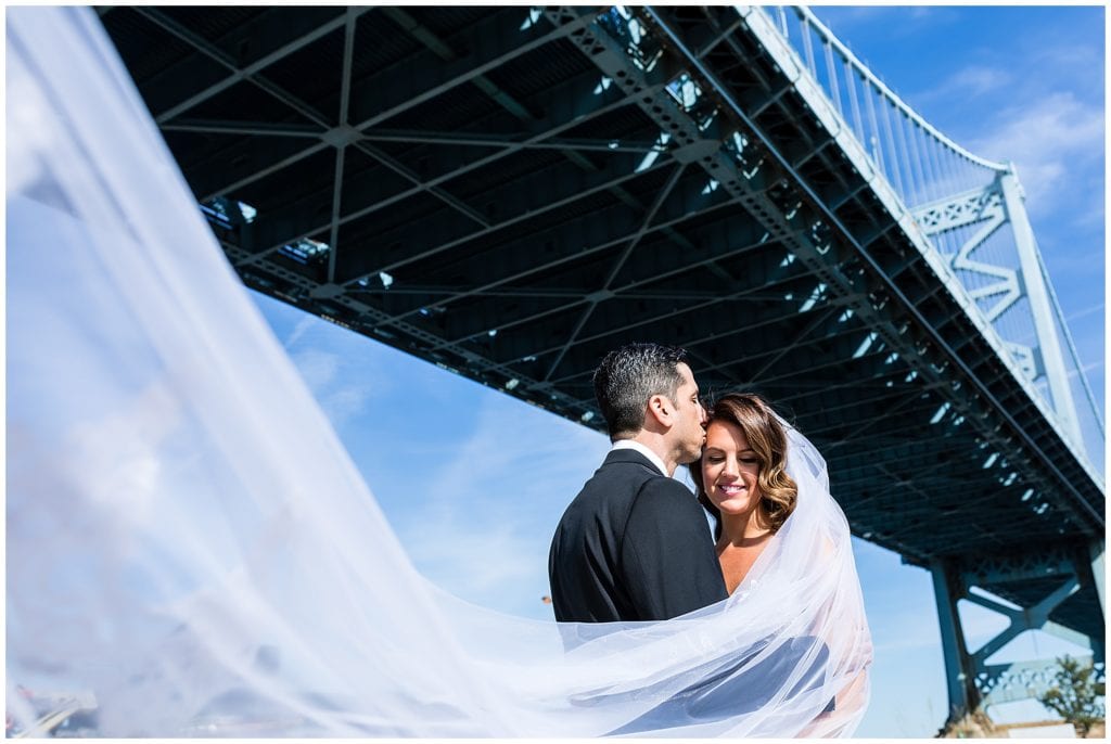 Under long veil bridal portrait at Race Street Pier in Philadelphia