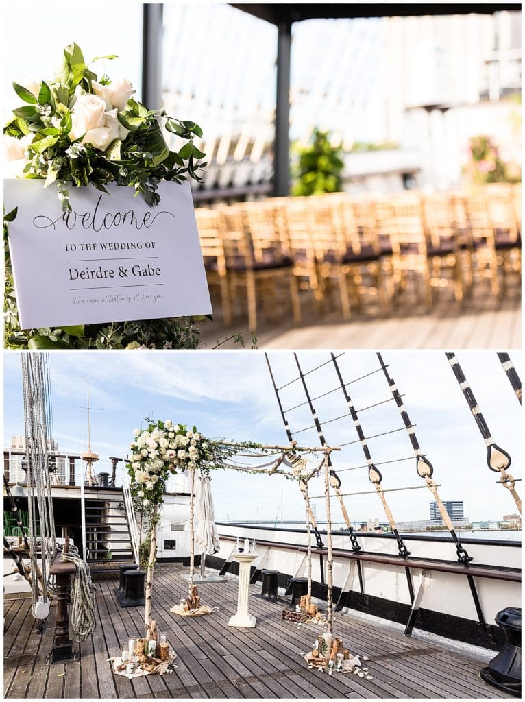 Welcome sign and Chuppah on the Moshulu boat in Philadelphia wedding