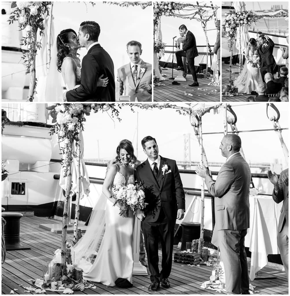 Bride and groom kiss, stomp on glass, and walk up the aisle during Jewish wedding ceremony on the Moshulu