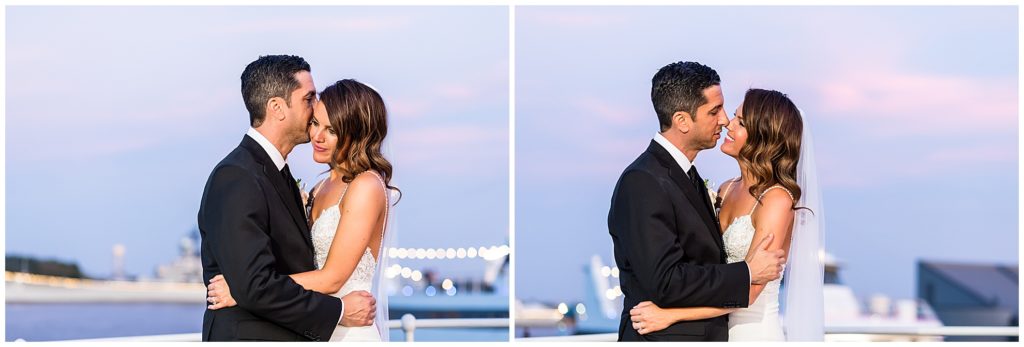 Sunset wedding portrait with groom kissing bride on the cheek at Moshulu Philadelphia wedding