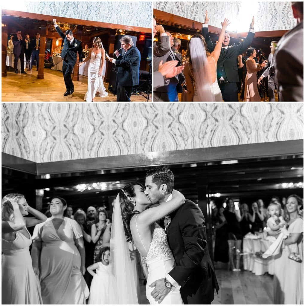 Bride and groom make entrance, cheer, and kiss during first dance at Moshulu wedding reception