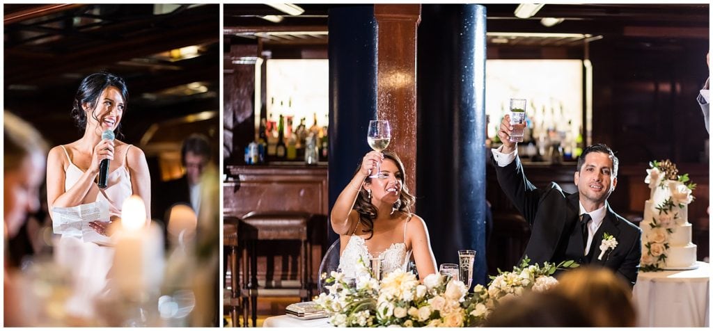 Maid of honor speech and bride and groom raising a glass during toasts