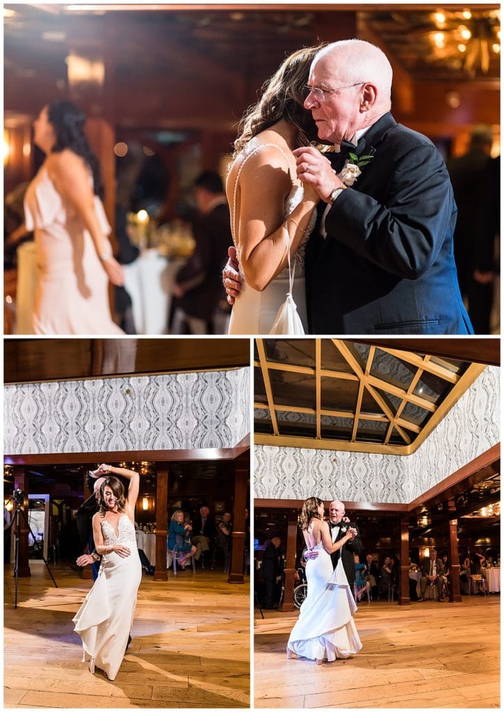 Bride dances with her father, father spinning his daughter during parent dances at Moshulu wedding reception