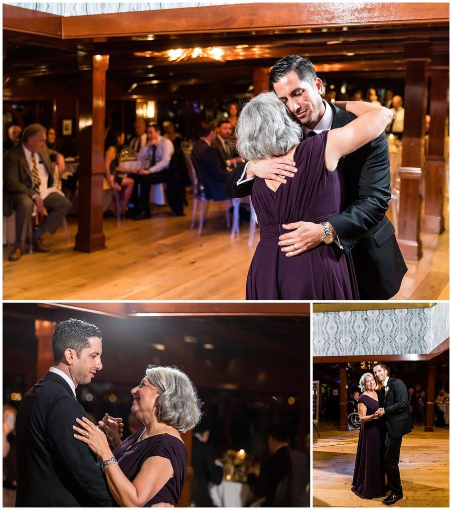 Mother of the groom parent dances with groom hugging his mother