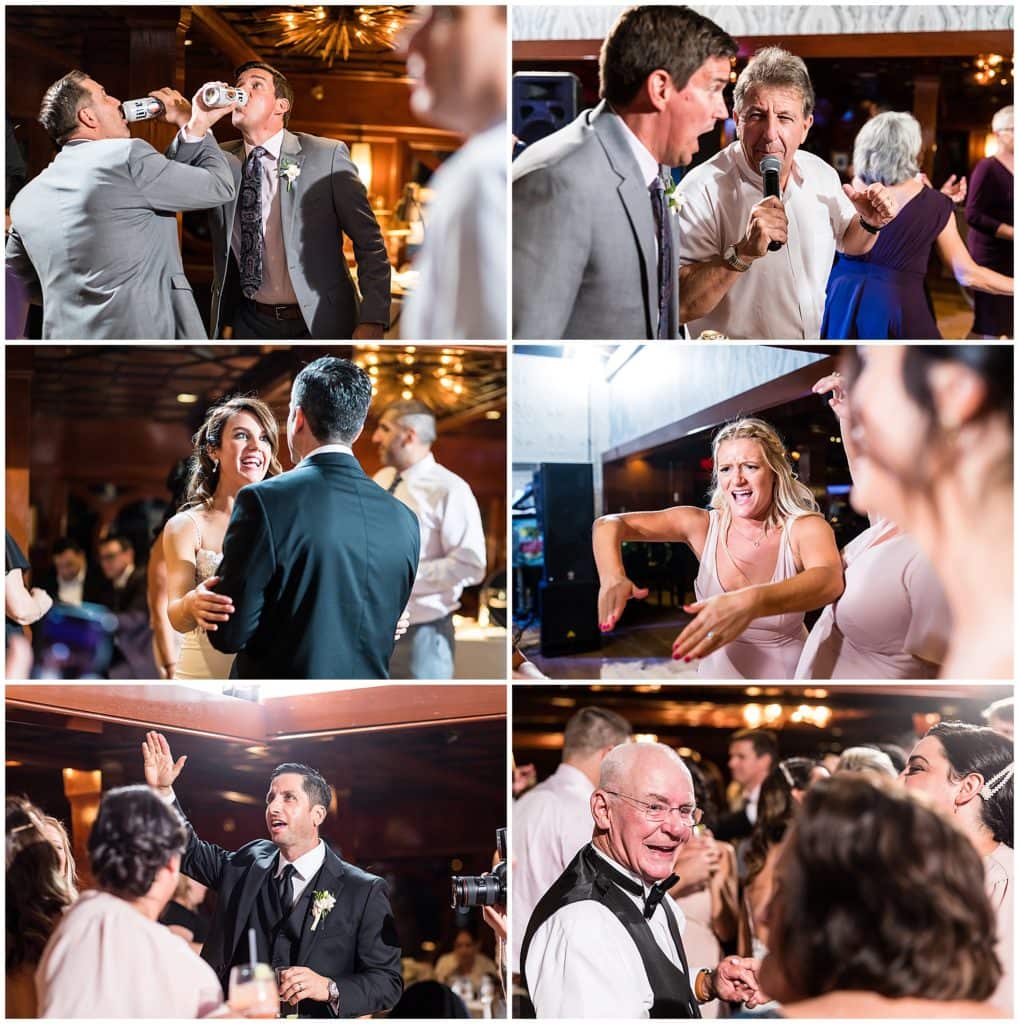 Fun dance floor, drinking, and singing during Moshulu wedding reception