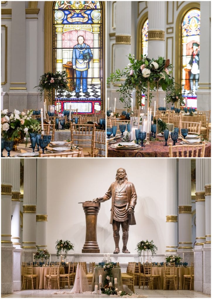 Reception details in the Franklin Ballroom at One North Broad, including a bronze statue of Ben Franklin - Best Philadelphia Wedding Venues