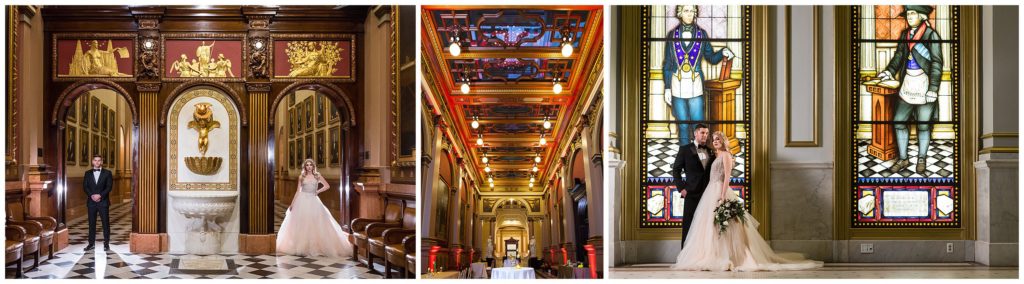 Dramatic portraits of bride and groom in One North Broad - Best Philadelphia Wedding Venues 
