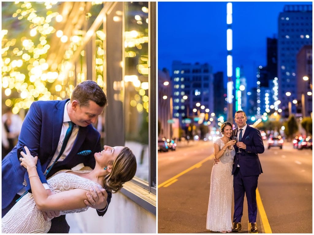 Bride and groom wedding portraits night shots with string lights, bride and groom cheers-ing champagne on Broad Street