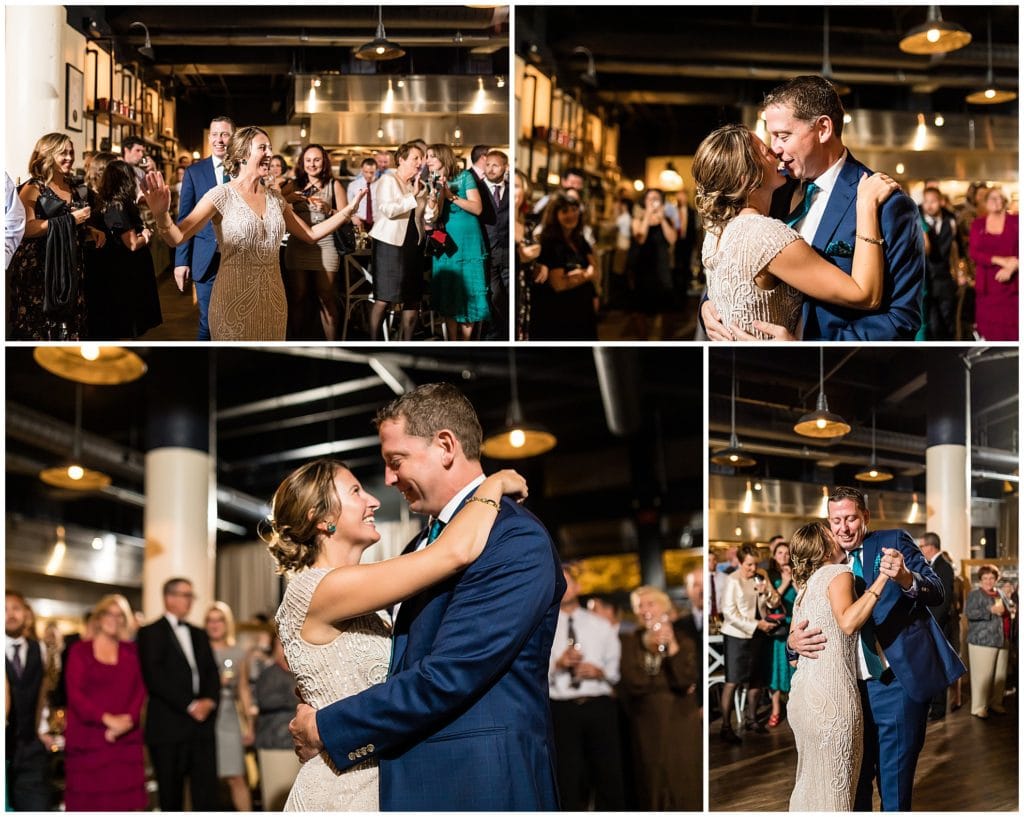 Bride and groom make entrance and have first dance at Osteria wedding reception