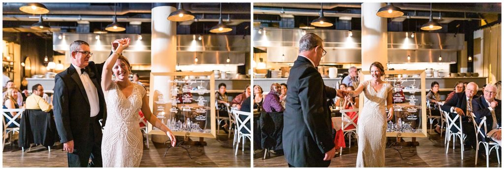 Parent dance, father of the bride spinning bride on the dance floor at Osteria wedding reception
