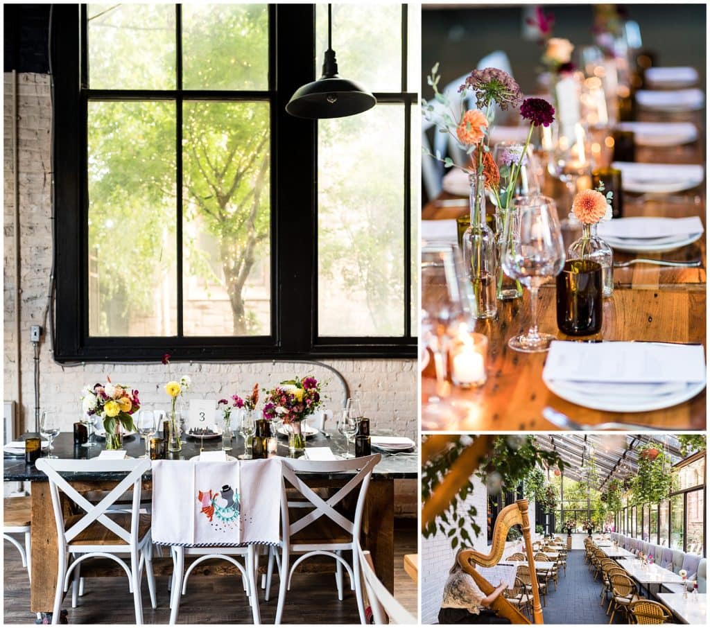 Osteria wedding reception table setup with bride and groom table, colorful floral centerpieces, and greenery hanging over aisle