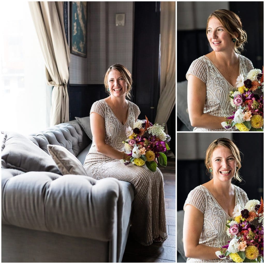 Traditional window lit bridal portraits with colorful bridal bouquet