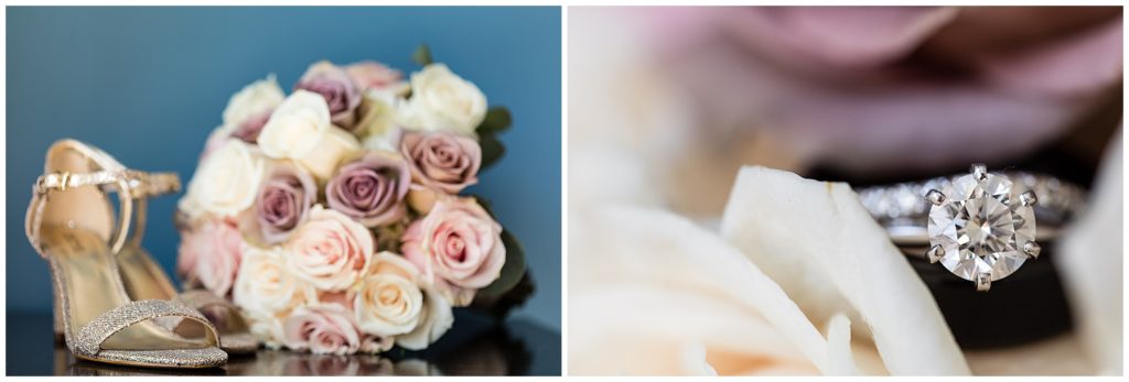 Bridal heels and engagement ring with bridal bouquet