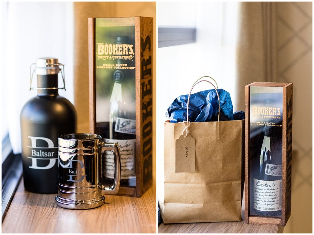 Groomsmen gifts with silver mug, Bookers Bourbon, and custom canteen