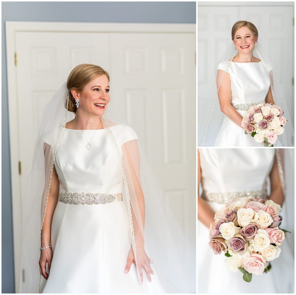 Traditional window lit bridal portraits with tricolor rose bouquet