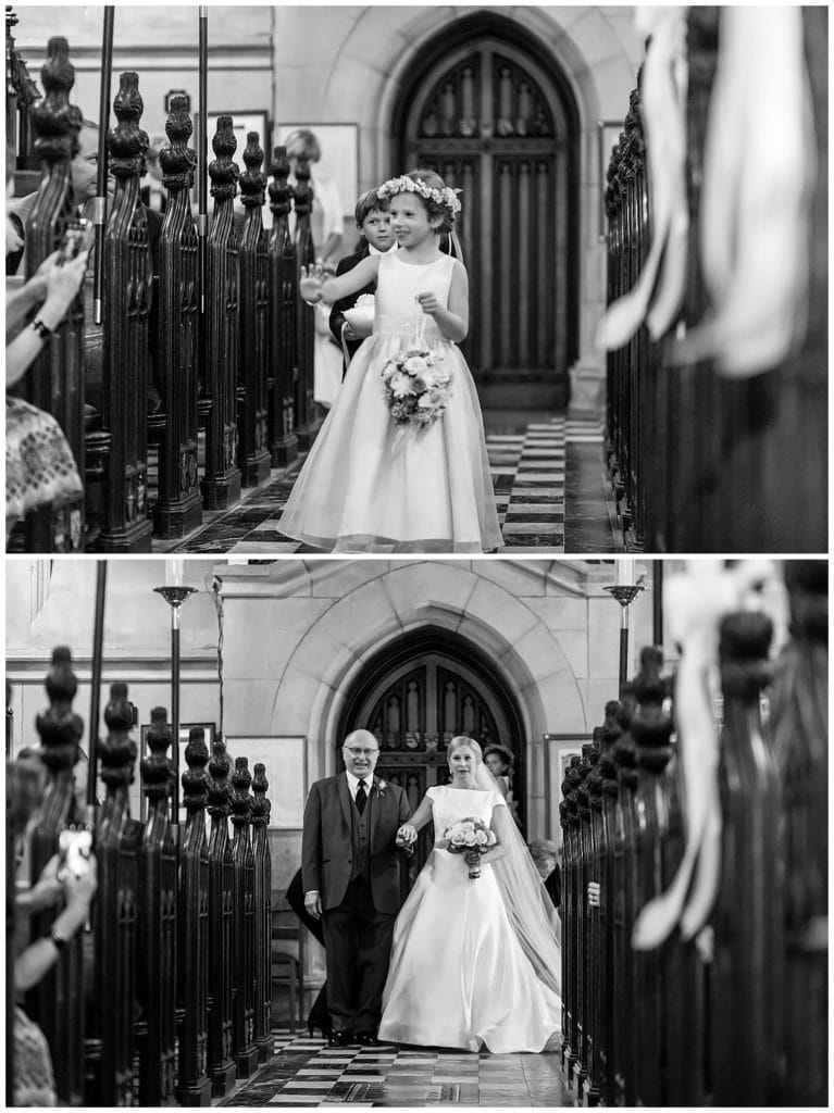 Flower girl and ring bearer walking down the aisle and bride and her father walking down the aisle at George Washington Memorial Church wedding ceremony