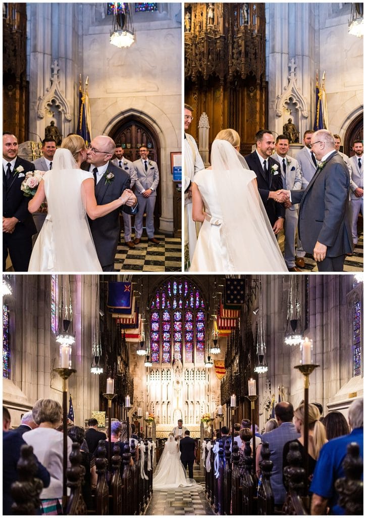 Father of the bride giving her away at the alter in George Washington Memorial Church wedding ceremony