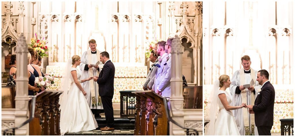 Bride and groom exchange rings during wedding ceremony at George Washington Memorial Church