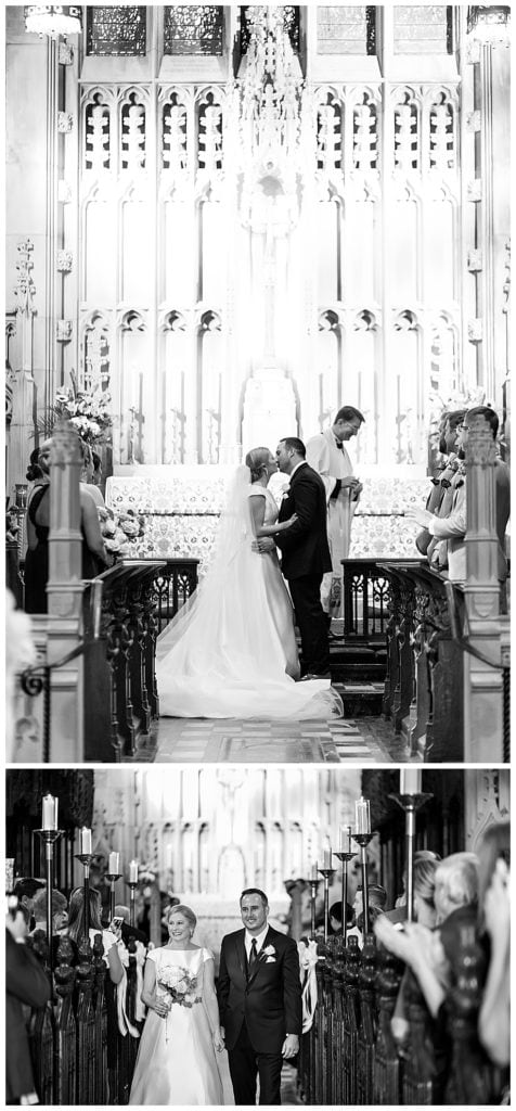 Bride and groom kiss and walk up aisle during wedding ceremony at George Washington Memorial Church
