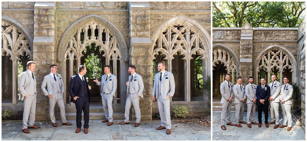 Cool and traditional groomsmen portraits outside church at Valley Forge National Park