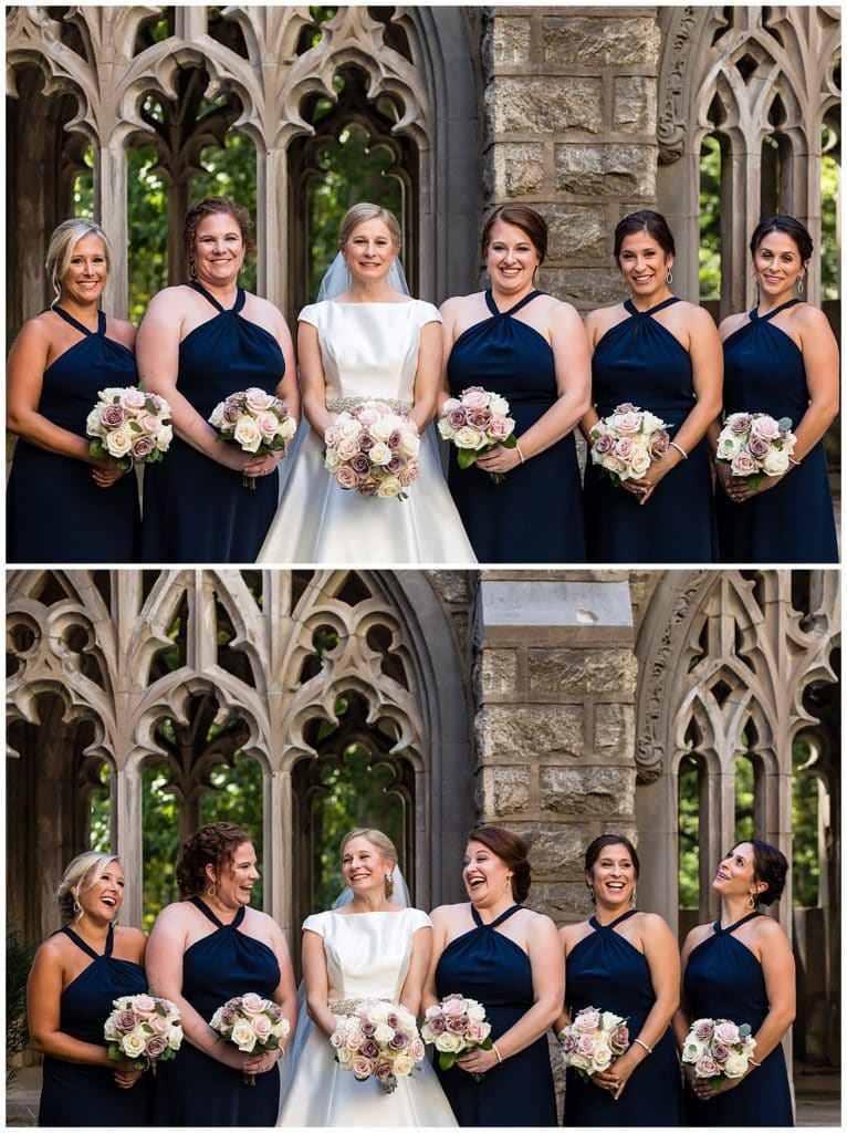 Traditional bridesmaids portrait with laughing bridesmaids in Valley Forge Park wedding