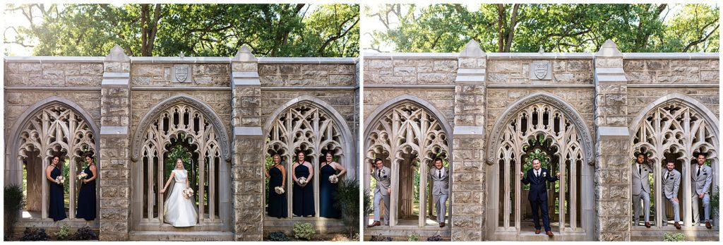 Fun wedding party portraits in windows outside church at Valley Forge National Park wedding