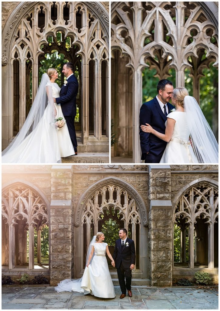 Bride and groom hug, snuggle, and walk outside church in Valley Forge National Park Wedding