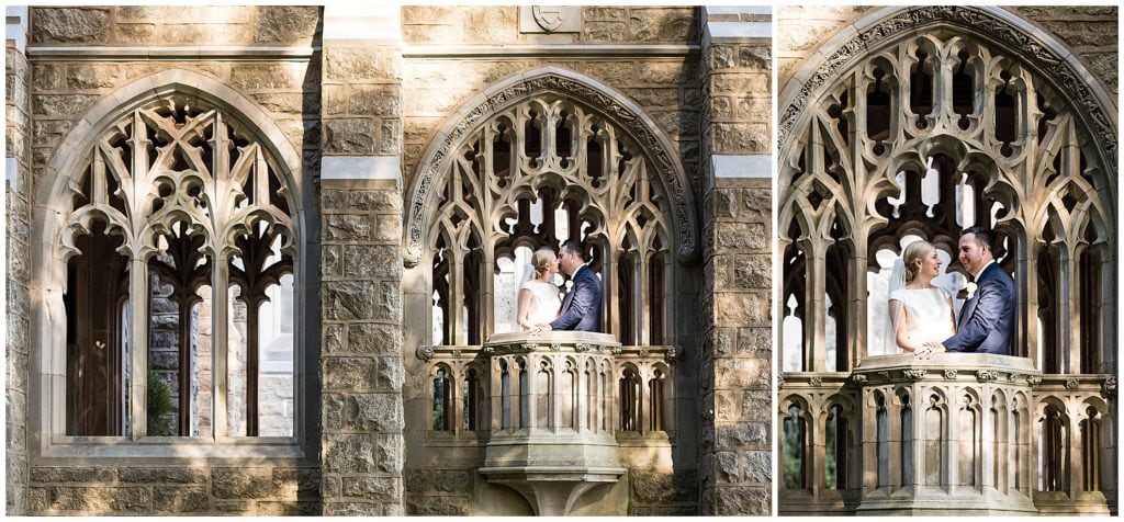 Bride and groom kiss and laughing on balcony in outdoor courtyard at Valley Forge National Park Wedding