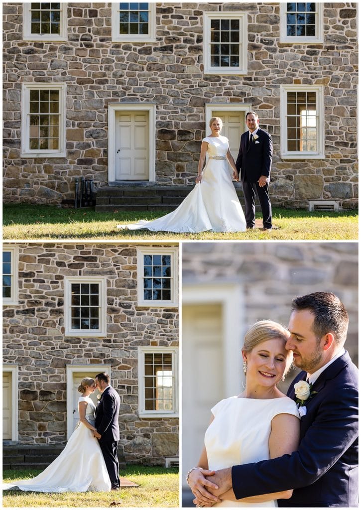 Traditional bride and groom hugging from behind, touching noses, and posing outside house in Valley Forge National Park
