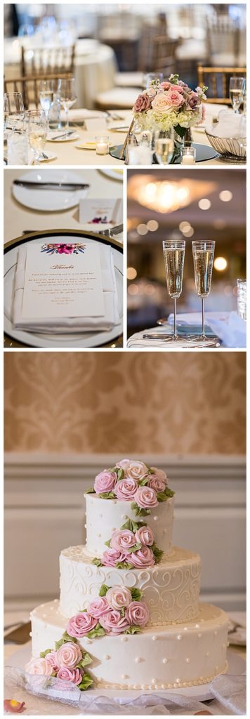 Radnor Hotel wedding reception details with floral centerpieces, menu stationary, and floral wedding cake