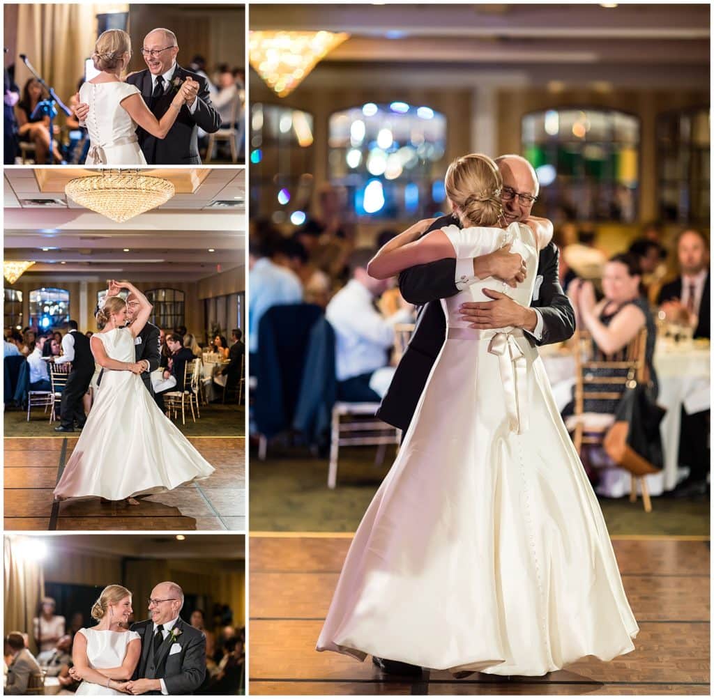 Father of the bride and bride dance, spin, and laugh during parent dances at Radnor Hotel wedding reception