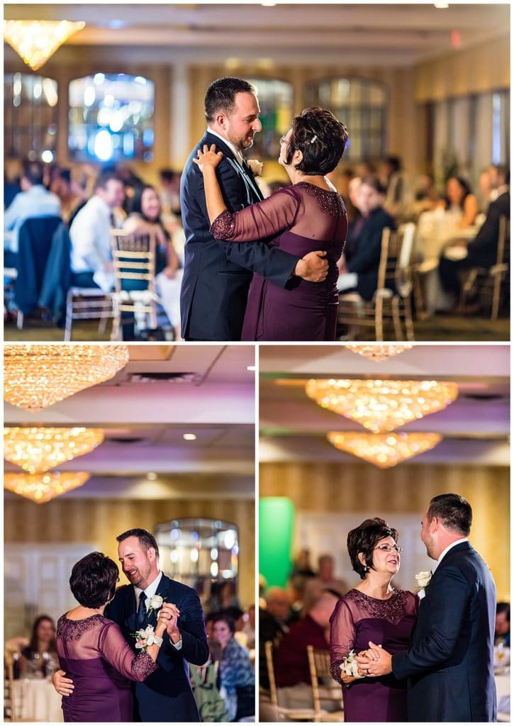 Mother of the groom and groom dance during parent dances at Radnor Hotel wedding reception