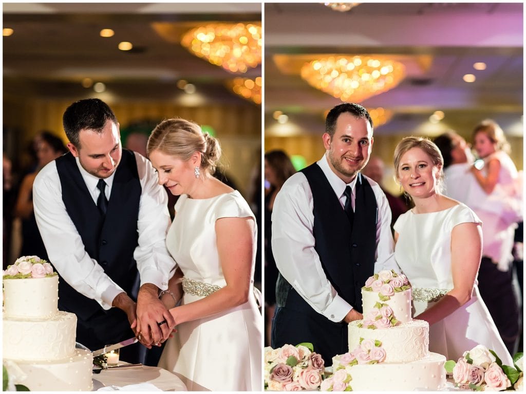 Bride and groom cut cake during Radnor Hotel wedding reception