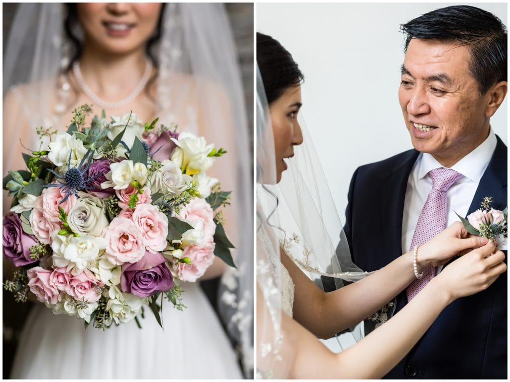 Bridal bouquet details and bride pinning boutonniere on father