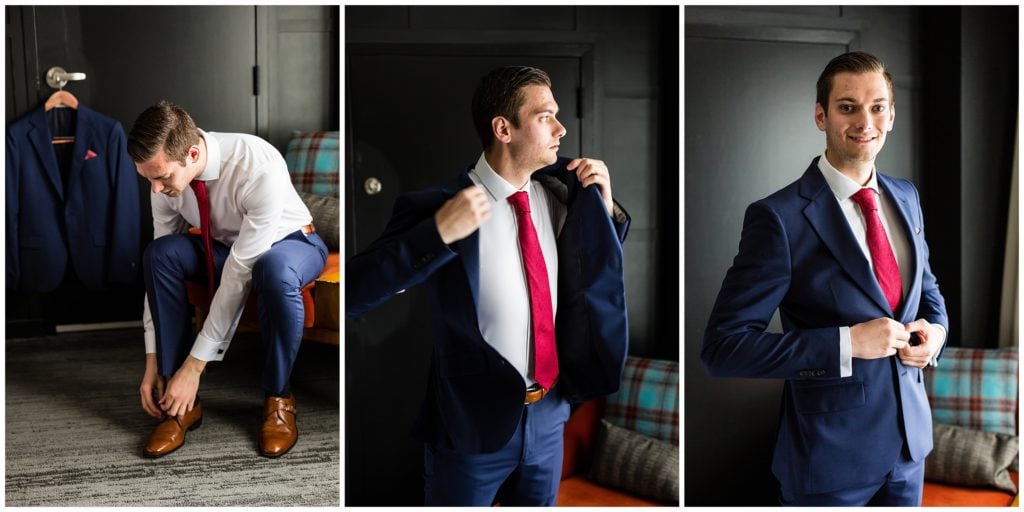 Groom prep portraits with groom tying shoes and putting on jacket