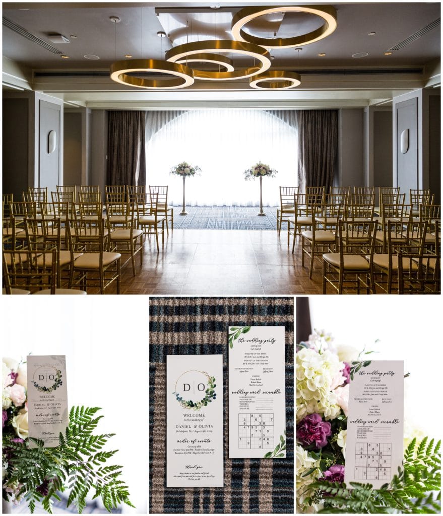 Wedding ceremony space and stationary and floral details