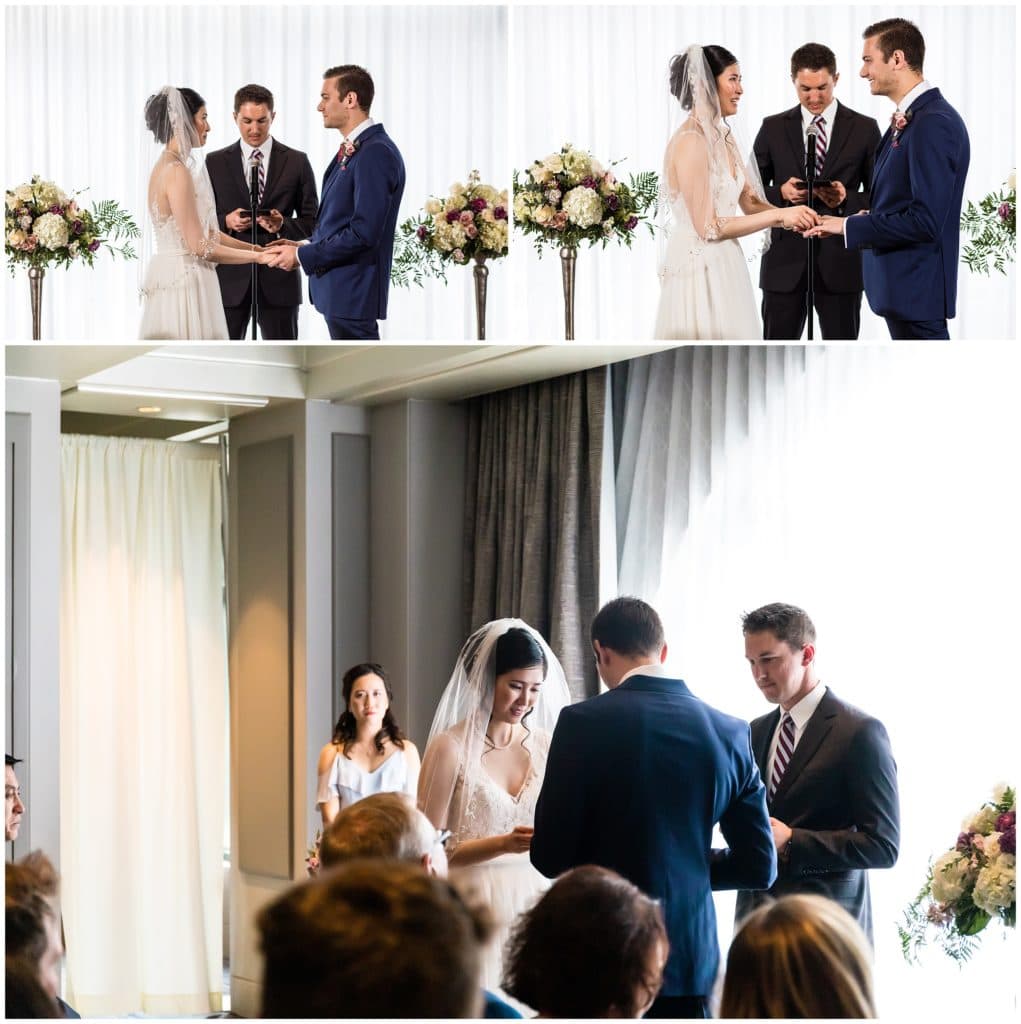 Bride and groom exchanging rings during wedding ceremony