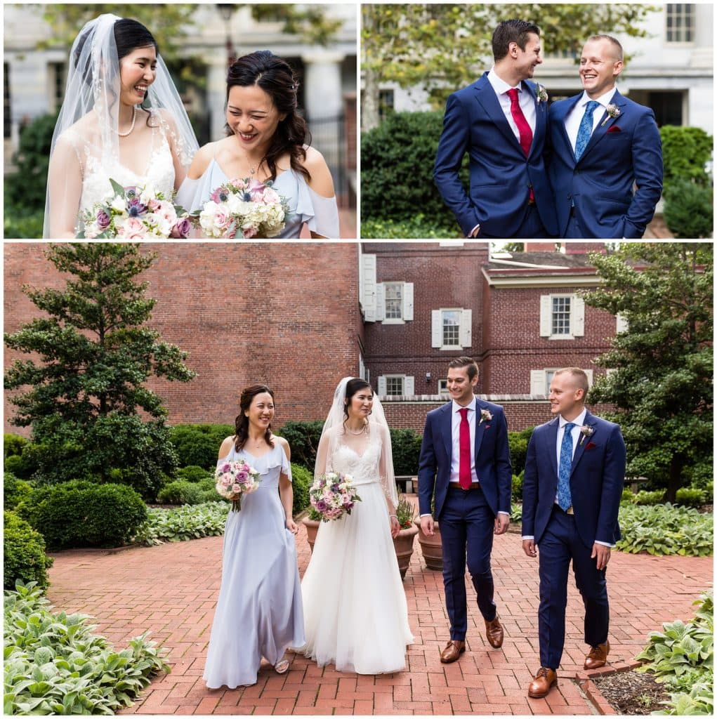 Wedding party portraits with maid of honor and best man walking in urban outdoor garden space