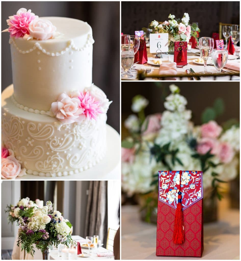 Wedding reception table, floral centerpiece, gift bag, and lace floral cake details