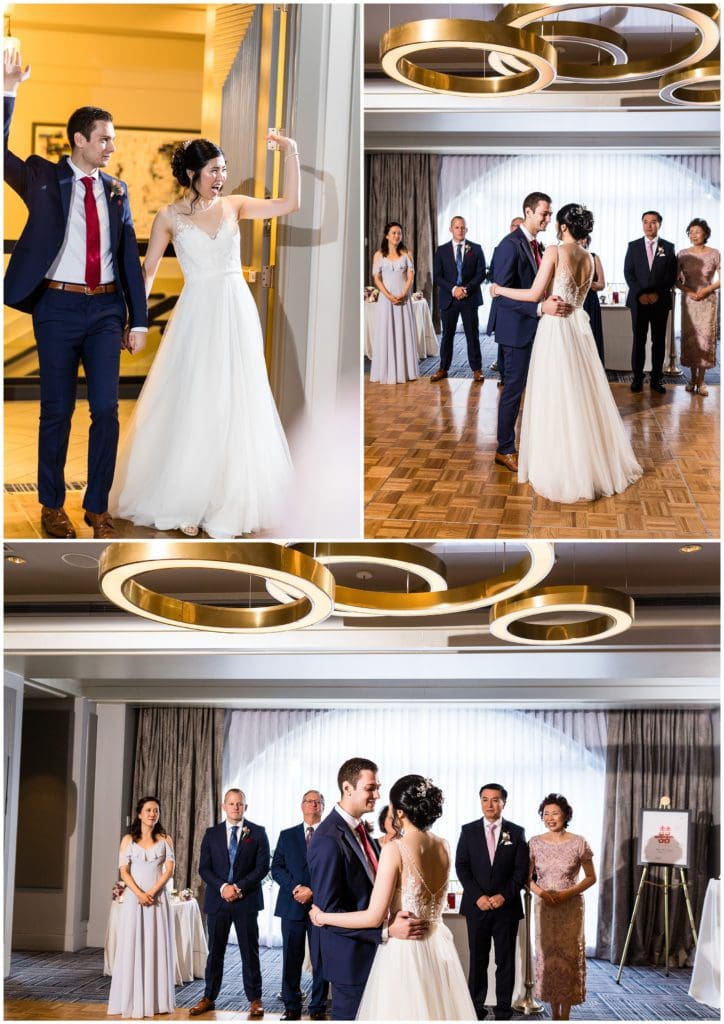 Bride and groom make first entrance and first dance as husband and wife with family in the background