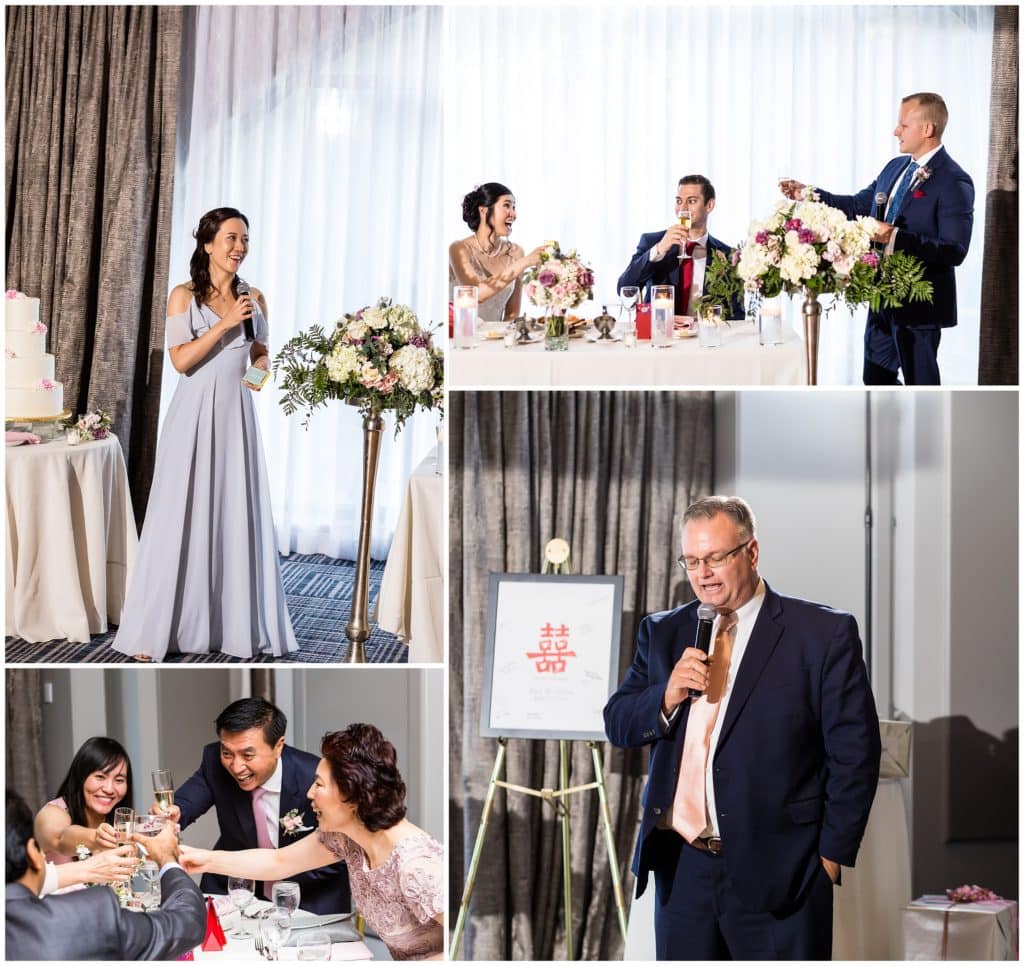 Best man, maid of honor, and parent toasts during wedding reception