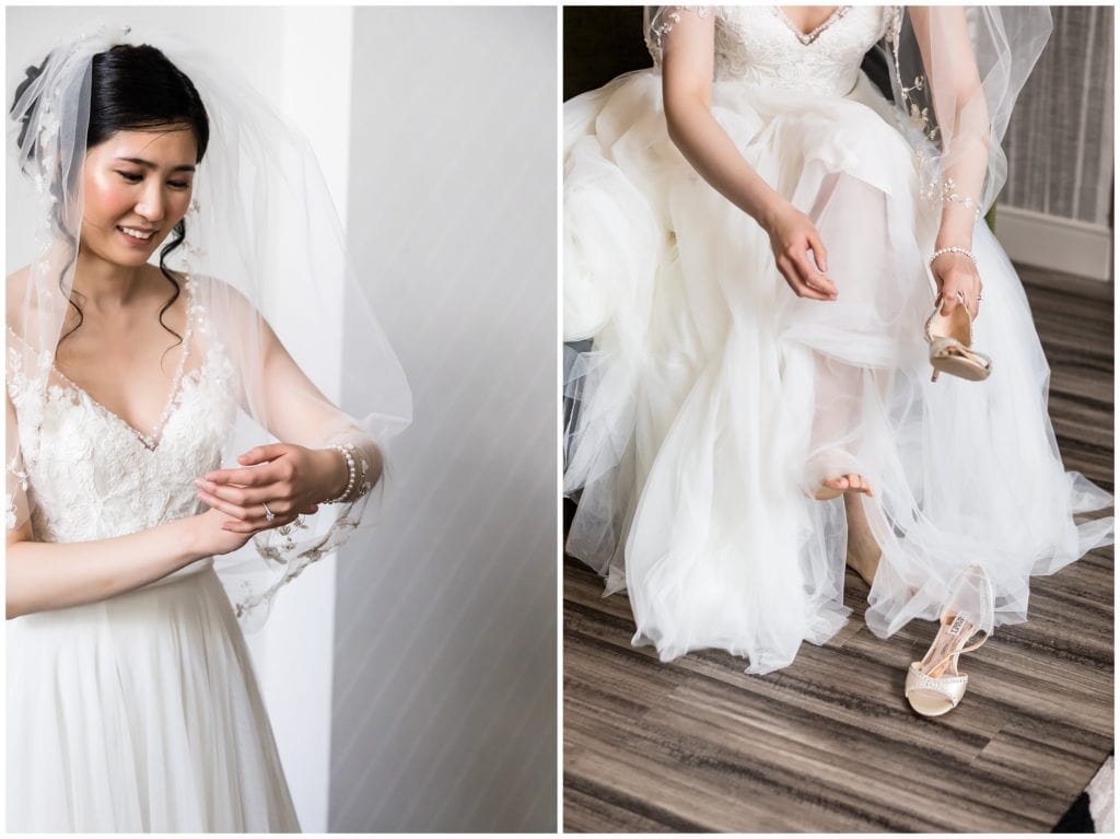 Bridal portraits with bride putting on her bracelet and shoes