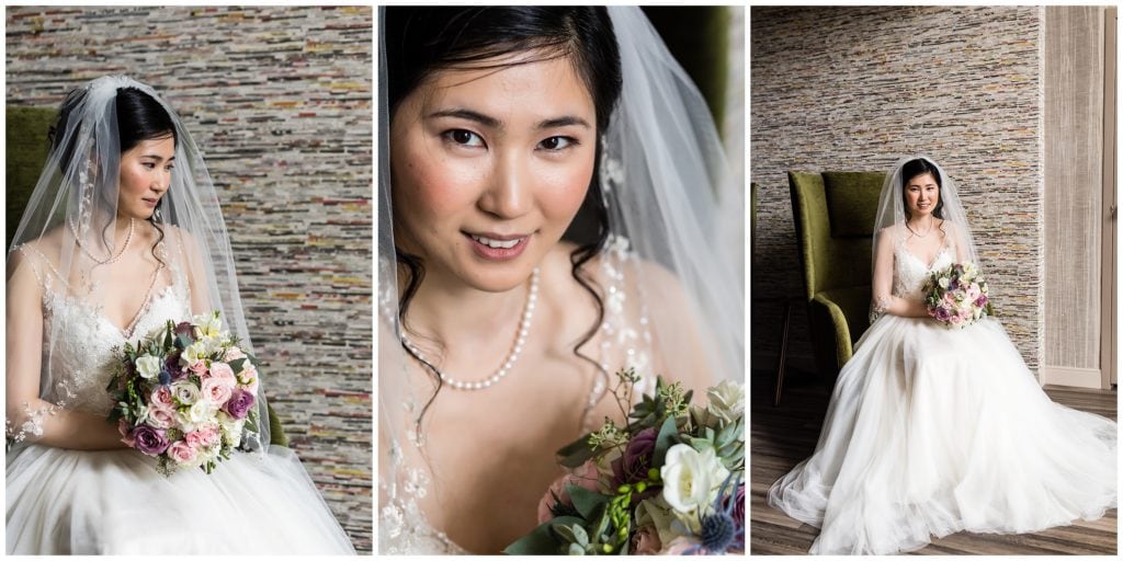 Traditional sitting bridal portraits with purple and pink bridal bouquet
