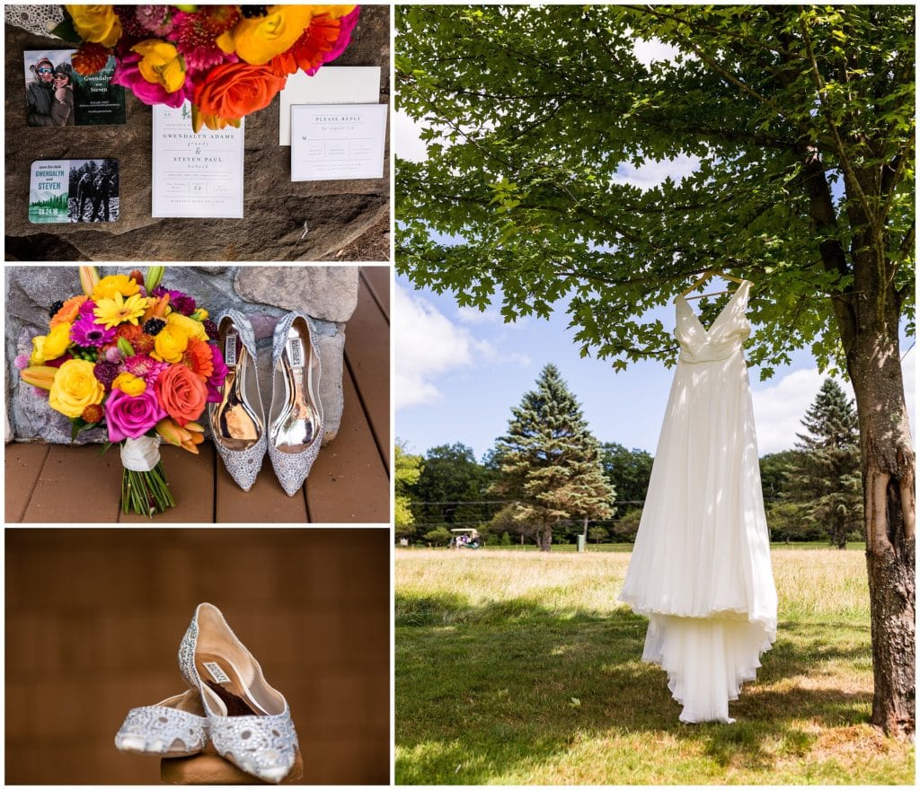 Bridal details with colorful bouquet, shiny shoes, invitation suite, and wedding gown hanging from a tree