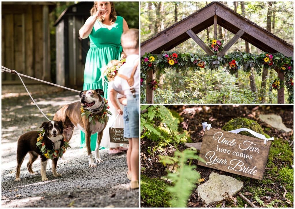 Outdoor barn wedding ceremony details with dogs, ring bearer, and arch floral details