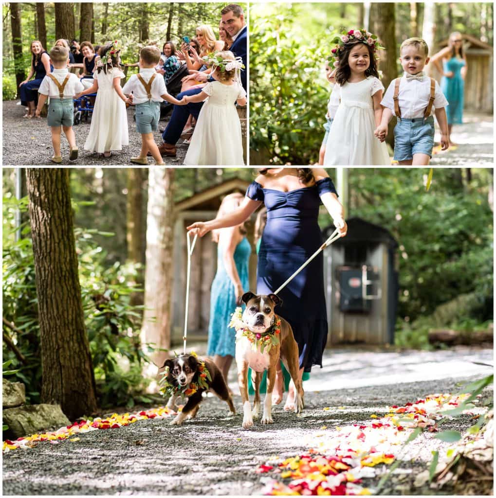 Dogs, ring bearer, and flower girl walking down the aisle with flower crowns