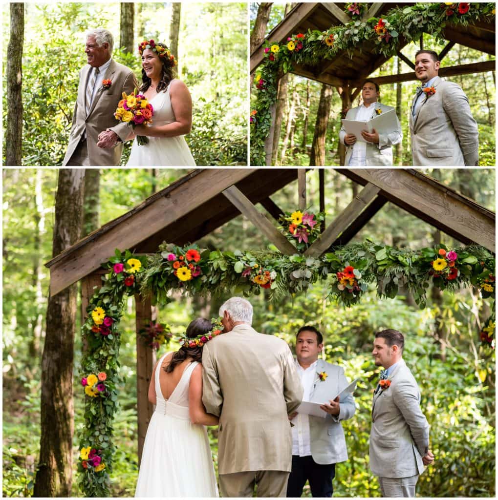 Groom watching father of the bride walk bride down the aisle and kiss her at the alter