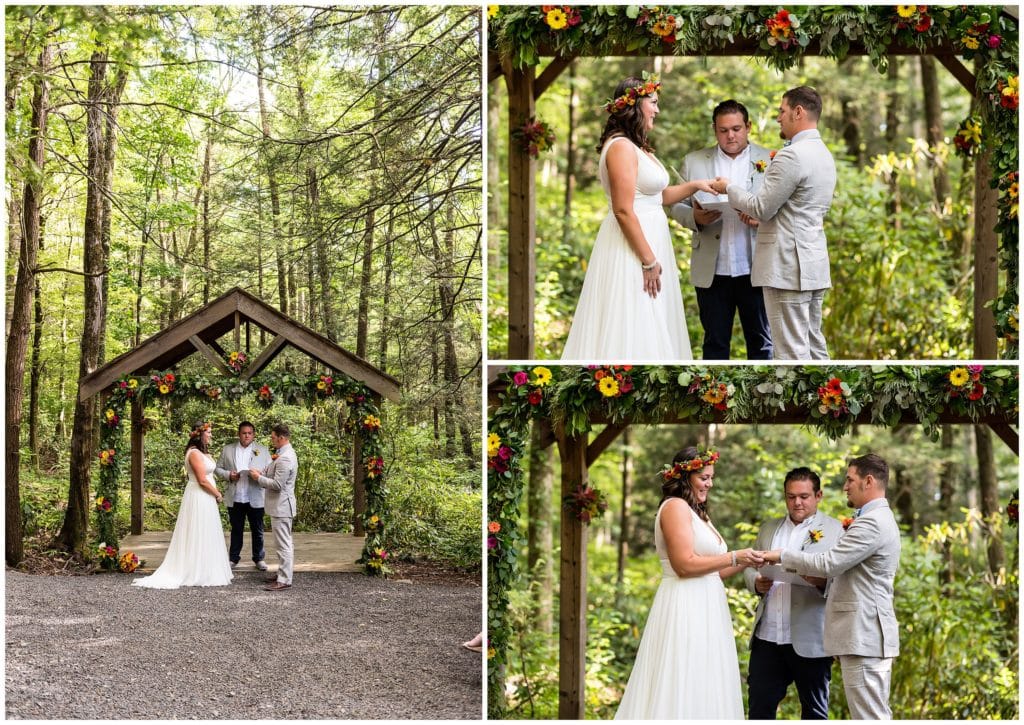 Bride and groom exchanging rings during woodsy outdoor wedding ceremony