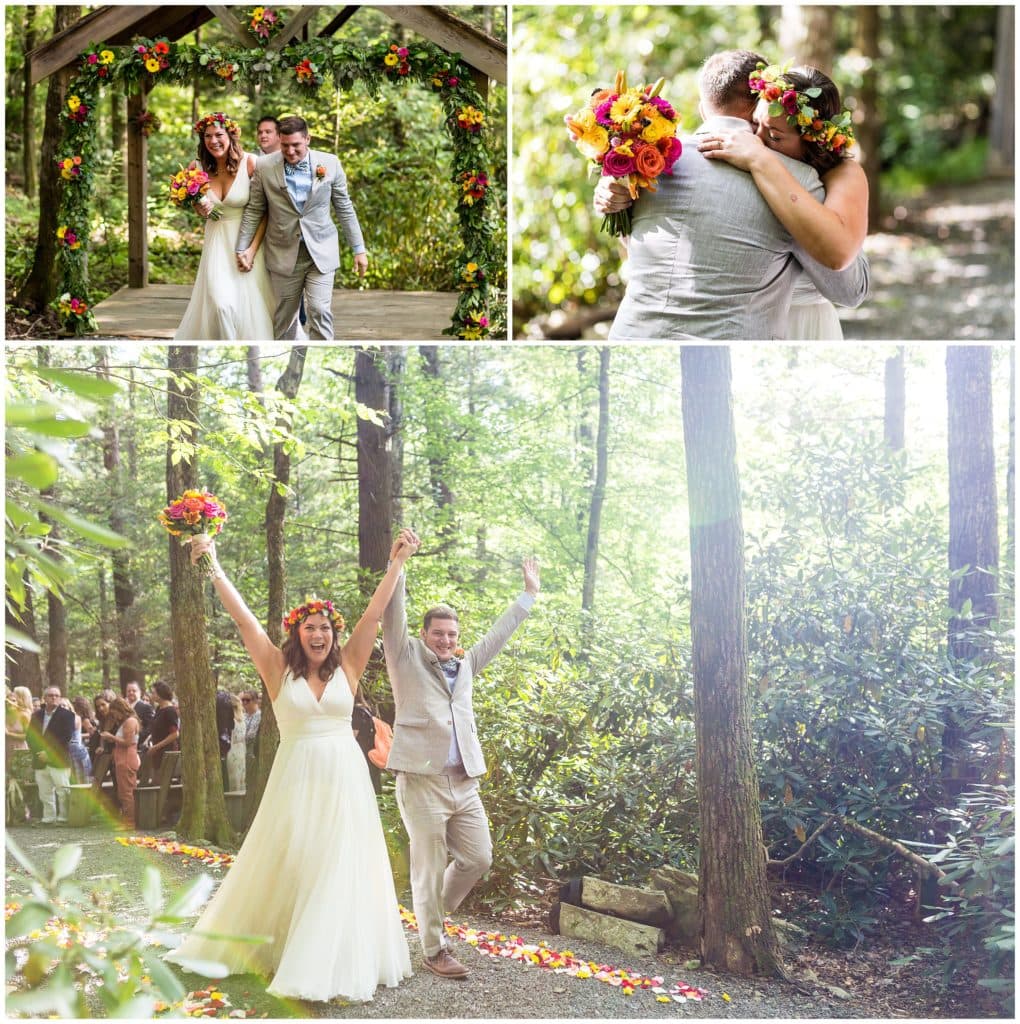 Bride and groom walking up the aisle and celebrating being married in outdoor woodsy wedding ceremony