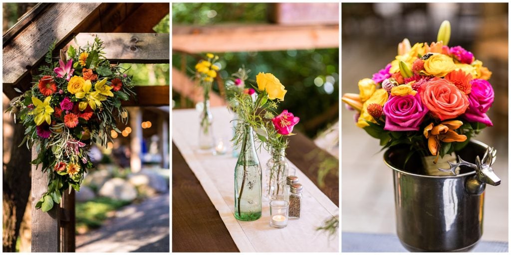 Woodsy outdoor wedding reception details with vibrant colorful florals